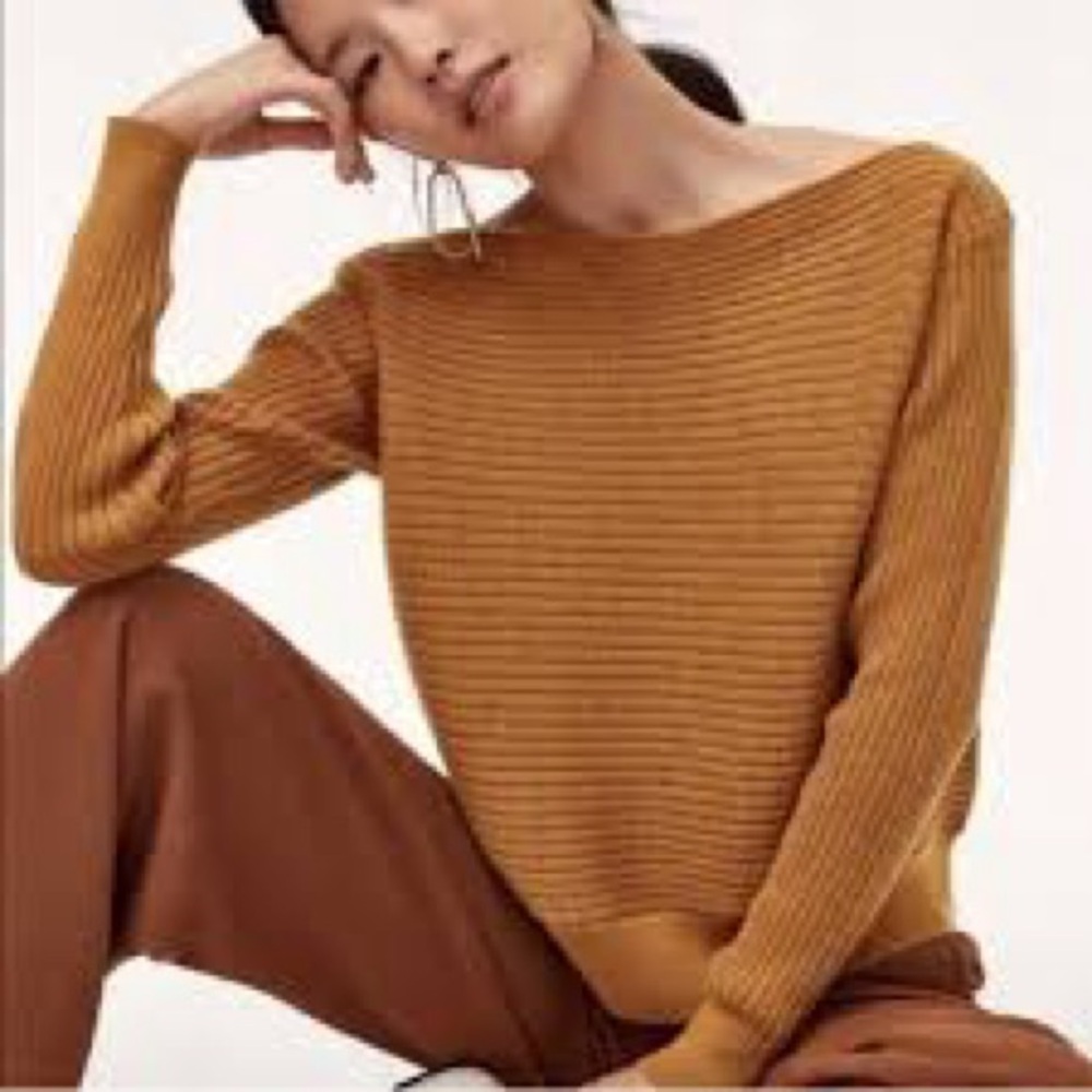 Aritzia Babaton Luc Merino Wool Sweater in a mustard yellow/orange color